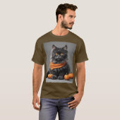 Fluffy Grey Halloween Cat Brown T-shirt (Voorkant volledig)