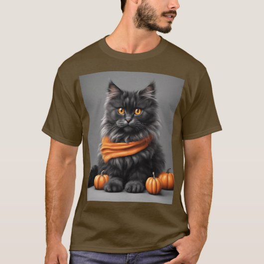 Fluffy Grey Halloween Cat Brown T-shirt (Voorkant)