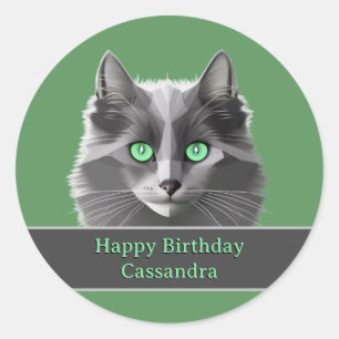 Fluffy Grijs Kat en Verjaardags- of Gelegenheidsbe Ronde Sticker