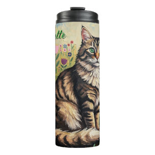 Fluffy Grijs Tabby Kat en Volkskunst Bloemen Thermosbeker