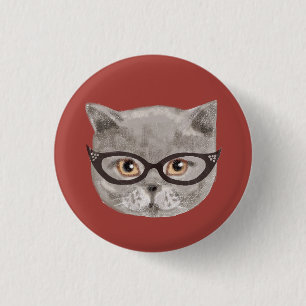 Fluffy grijze kat met een bril ronde button 3,2 cm