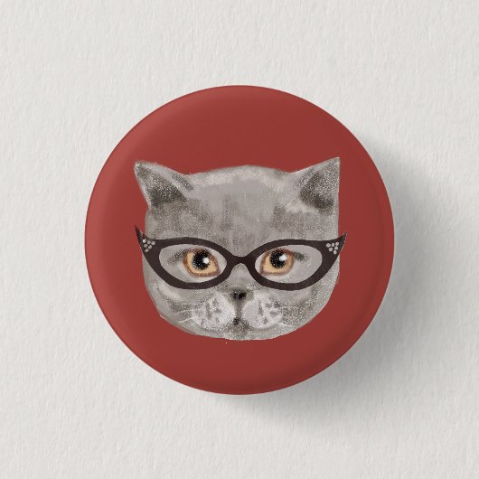 Fluffy grijze kat met een bril ronde button 3,2 cm (Voorkant)