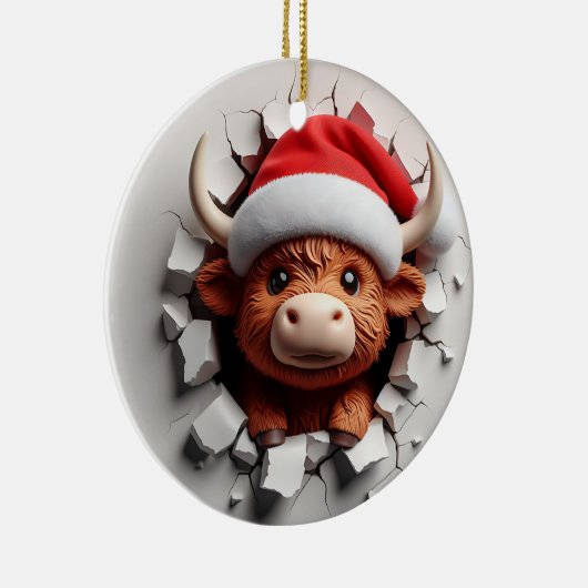 Fluffy-haired Schotse koe in een kerstmuts Keramisch Ornament (Rechts)