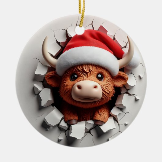 Fluffy-haired Schotse koe in een kerstmuts Keramisch Ornament (Voorkant)