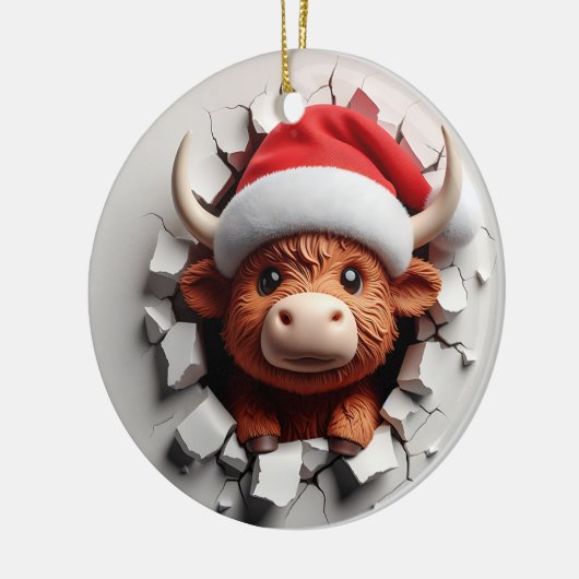 Fluffy-haired Schotse koe in een kerstmuts Keramisch Ornament (Links)
