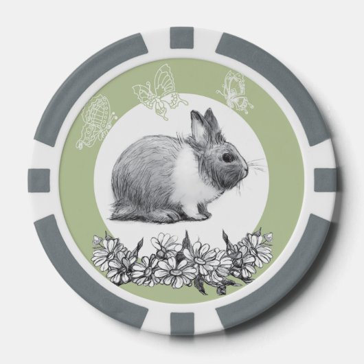 Fluffy hare met vlinders op groene achtergrond poker chips (Voorkant)