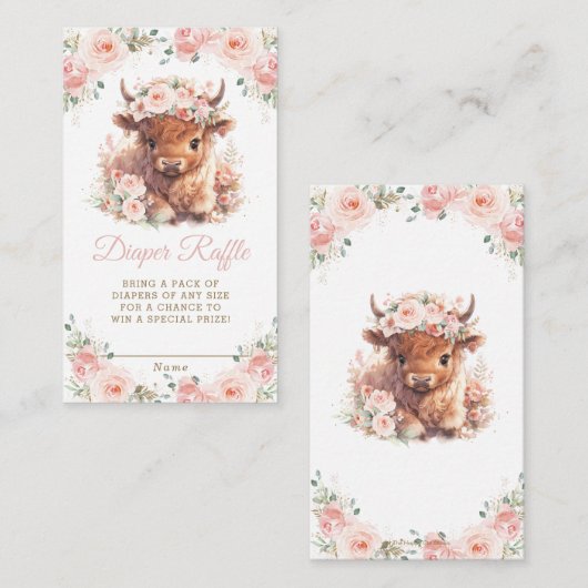 Fluffy Highland Koe Roze Bloemen Baby Luier Raffle Informatiekaartje (Voorkant / Achterkant)