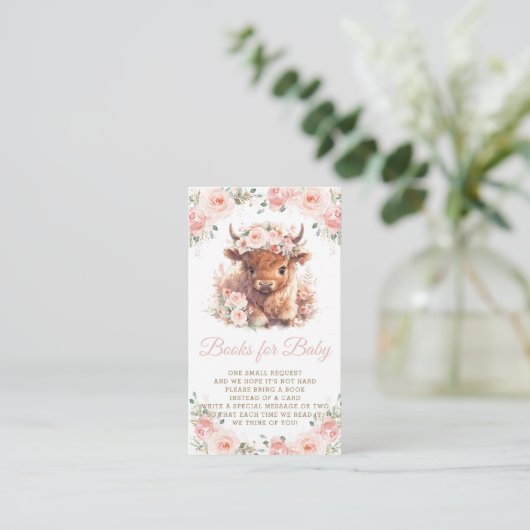 Fluffy Highland Koe Roze Bloemen Boeken voor Baby Informatiekaartje (Staand voorkant)