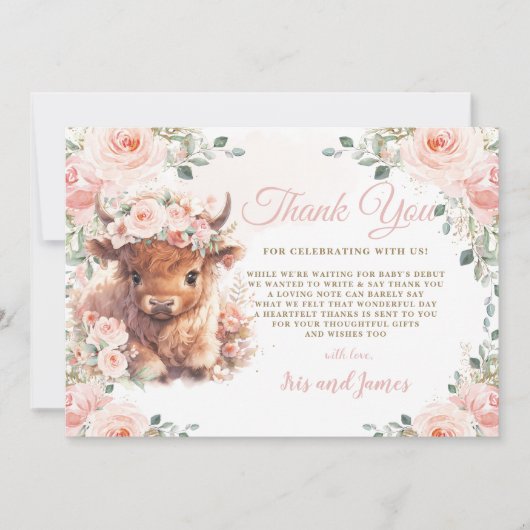 Fluffy Highland Koe Roze Blush Bloemen Baby shower Bedankkaart (Voorkant)