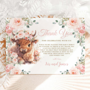 Fluffy Highland Koe Roze Blush Bloemen Baby shower Bedankkaart