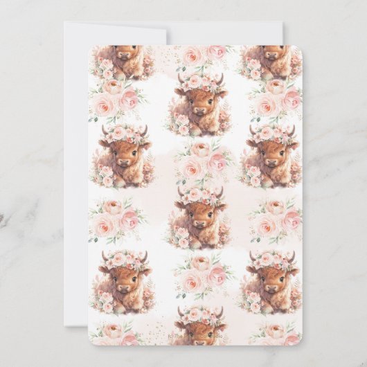 Fluffy Highland Koe Roze Blush Bloemen Baby shower Kaart (Achterkant)