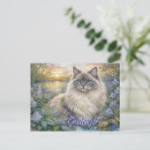 Fluffy Himalayan Cat In Purple Garden at Sunrise Briefkaart (Staand voorkant)