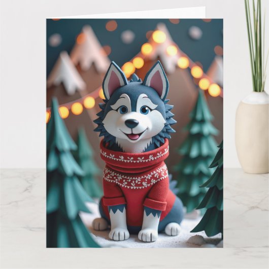 Fluffy Husky in het besneeuwde kerstberglandschap Kaart (Voorkant)