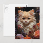 Fluffy Kat in de Bloemen Briefkaart (Voorkant / Achterkant)