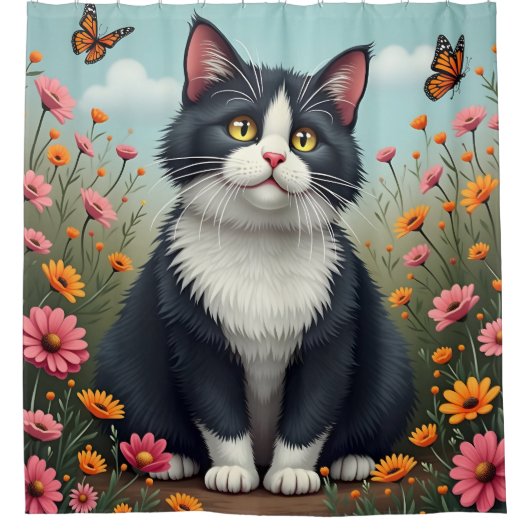 Fluffy kat in de tuin douchegordijn (Voorkant)