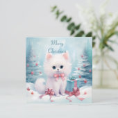 Fluffy kat met roze strik feestdagenkaart (Staand voorkant)