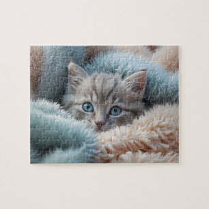 Fluffy katje in een zachte deken legpuzzel