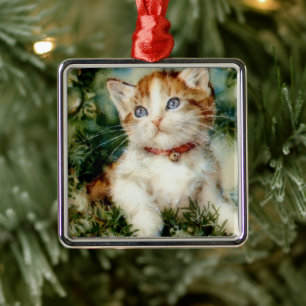 Fluffy kerstkat Waterverf Metalen Ornament