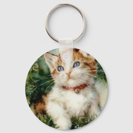 Fluffy kerstkat Waterverf Sleutelhanger (Voorkant)