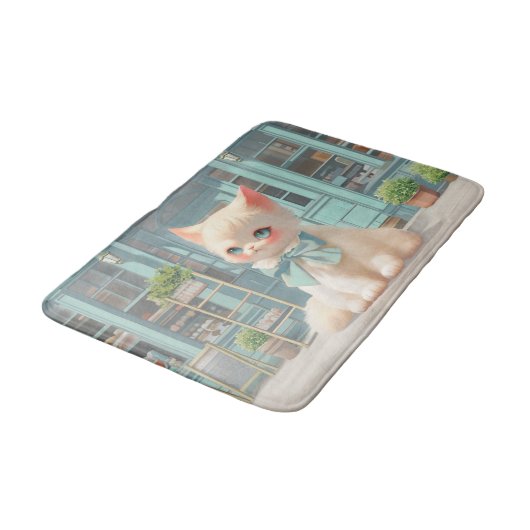 Fluffy kitten met blauwe boog bij banketbakkerij badmat (Gekanteld)