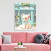 Fluffy kitten met blauwe boog bij banketbakkerij canvas afdruk (Insitu (Woonkamer))