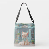 Fluffy kitten met blauwe boog bij banketbakkerij crossbody tas (Achterkant)