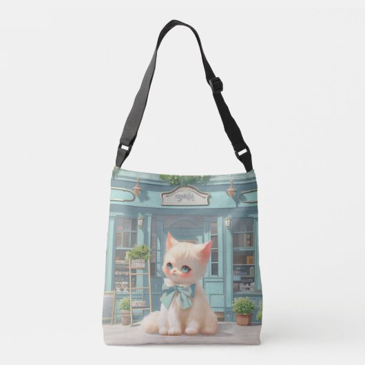 Fluffy kitten met blauwe boog bij banketbakkerij crossbody tas (Achterkant)
