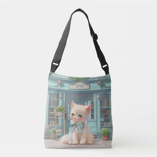 Fluffy kitten met blauwe boog bij banketbakkerij crossbody tas (Voorkant)