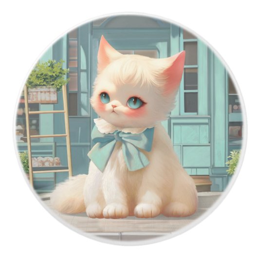 Fluffy kitten met blauwe boog bij banketbakkerij keramische knop (Voorkant)