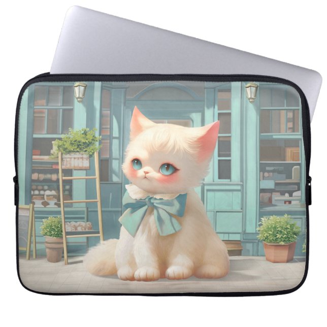 Fluffy kitten met blauwe boog bij banketbakkerij laptop sleeve (Voorkant)