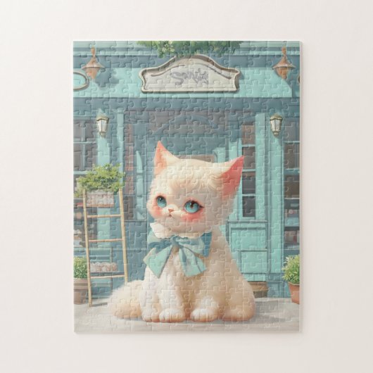 Fluffy kitten met blauwe boog bij banketbakkerij legpuzzel (Verticaal)