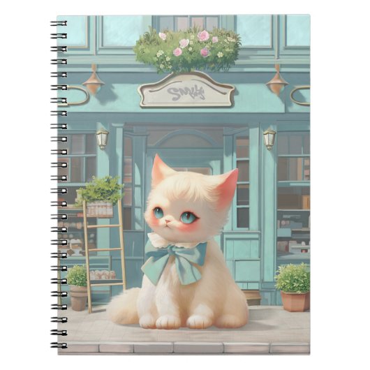 Fluffy kitten met blauwe boog bij banketbakkerij notitieboek (Voorkant)