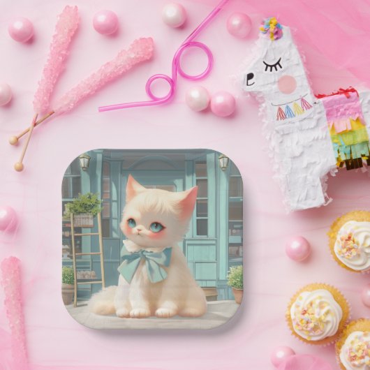 Fluffy kitten met blauwe boog bij banketbakkerij papieren bordje (Feest)