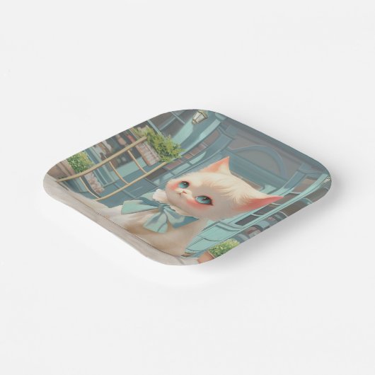 Fluffy kitten met blauwe boog bij banketbakkerij papieren bordje (Gebogen)