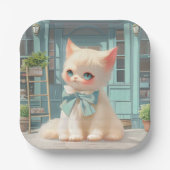 Fluffy kitten met blauwe boog bij banketbakkerij papieren bordje (Voorkant)