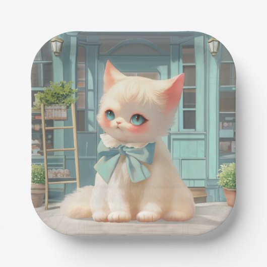 Fluffy kitten met blauwe boog bij banketbakkerij papieren bordje (Voorkant)