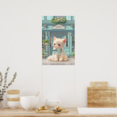 Fluffy kitten met blauwe boog bij banketbakkerij poster (Keuken)
