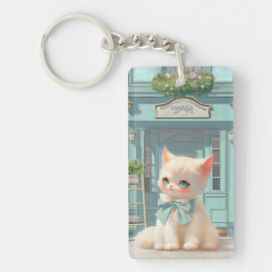 Fluffy kitten met blauwe boog bij banketbakkerij sleutelhanger
