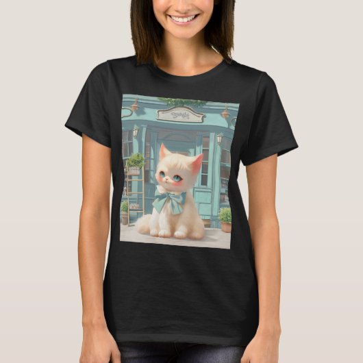 Fluffy kitten met blauwe boog bij banketbakkerij t-shirt (Voorkant)