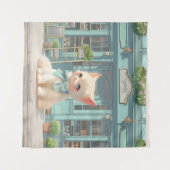 Fluffy kitten met blauwe boog bij banketbakkerij wandkleed (Voorkant (horizontaal))