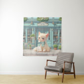 Fluffy kitten met blauwe boog bij banketbakkerij wandkleed (In situ)