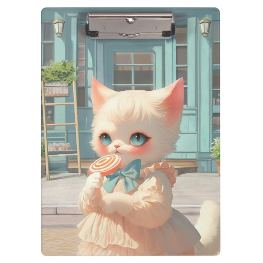 Fluffy Kitten met Lollipop bij Pastry Shop Klembord (Voorkant)