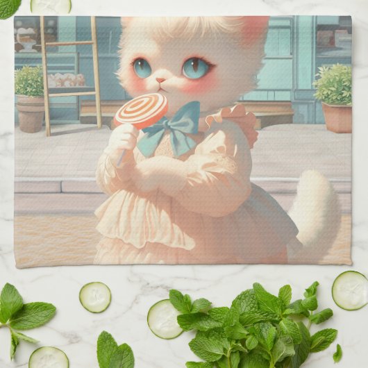 Fluffy Kitten met Lollipop bij Pastry Shop Theedoek (Gevouwen)