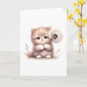 Fluffy Kitten met Paardenbloem – Schattigee Blank  Kaart (Gele Bloem)