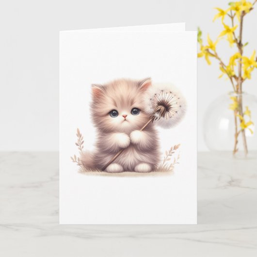 Fluffy Kitten met Paardenbloem – Schattigee Blank Kaart (Gele Bloem)