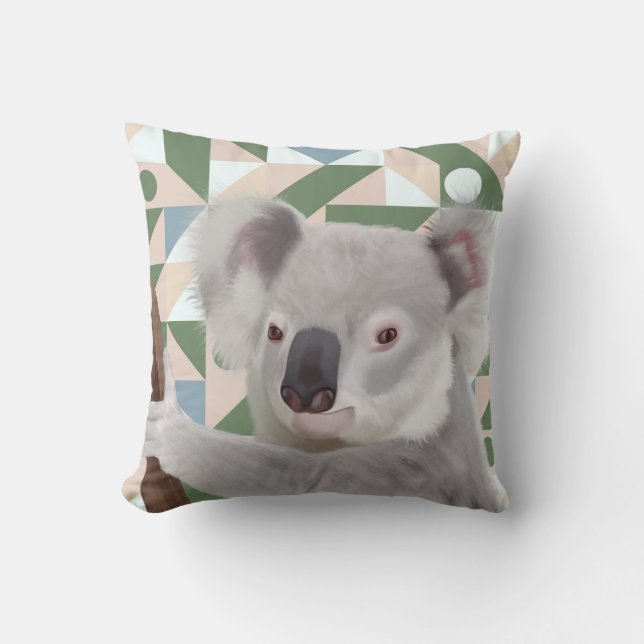 Fluffy Koala groene geometrische achtergrond Kussen (Voorkant)