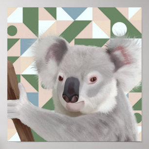 Fluffy Koala groene geometrische achtergrond Poster