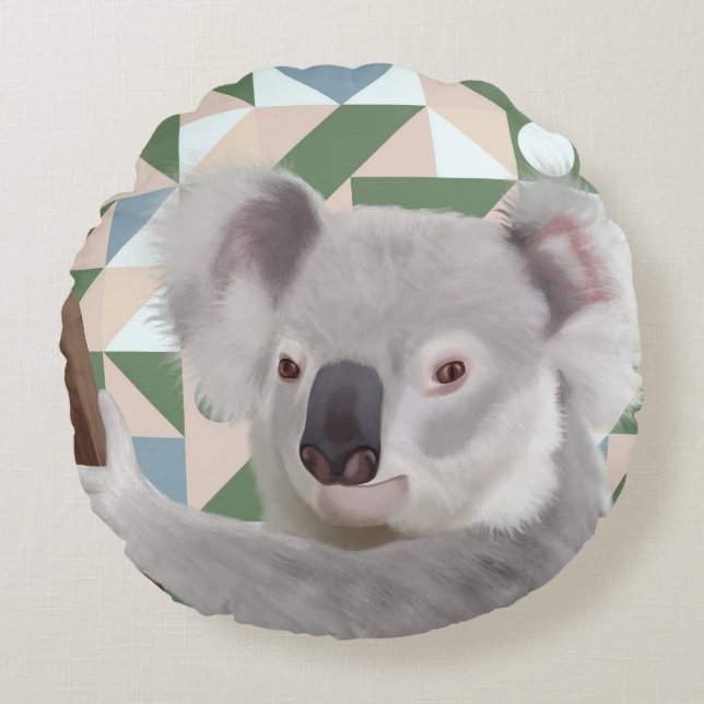 Fluffy Koala groene geometrische achtergrond Rond Kussen (Voorkant)