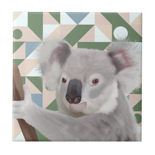 Fluffy Koala groene geometrische achtergrond Tegeltje (Voorkant)