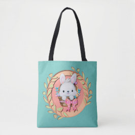 Fluffy Konijn zittend in Paasmandje 3D-ontwerp Tote Bag